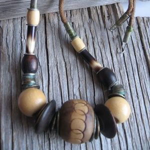 bohemian wood bead quill and metal vintage necklace